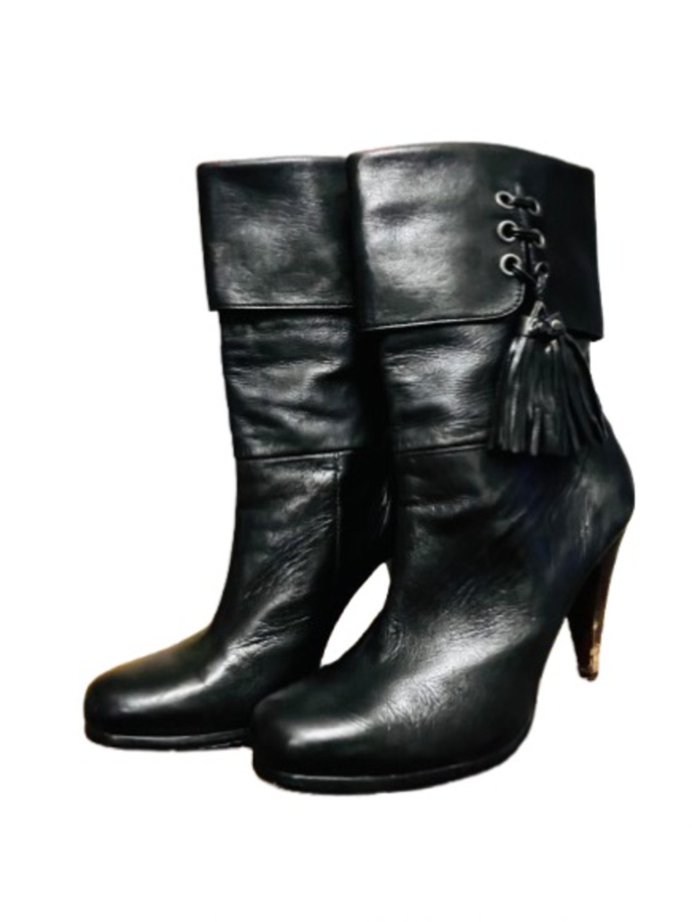 Coach Black Leather Fold-Over Tassel Heeled Boots - Women